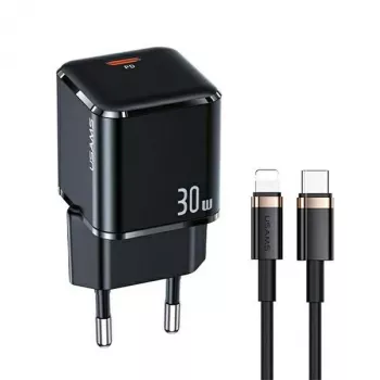 USAMS T45 30W PD3.0 Caricatore rapido USB-C con cavo U63 USB-C a Lightning, nero, UXTZH01