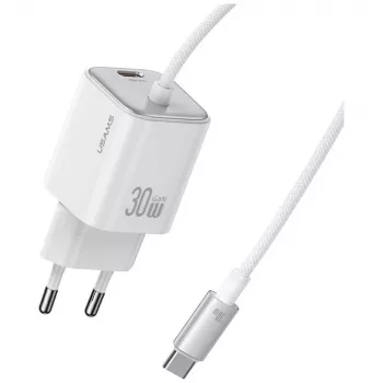USAMS JC Series CC264 30W GaN Mini caricabatterie rapido, USB-C con cavo USB-C integrato, Bianco