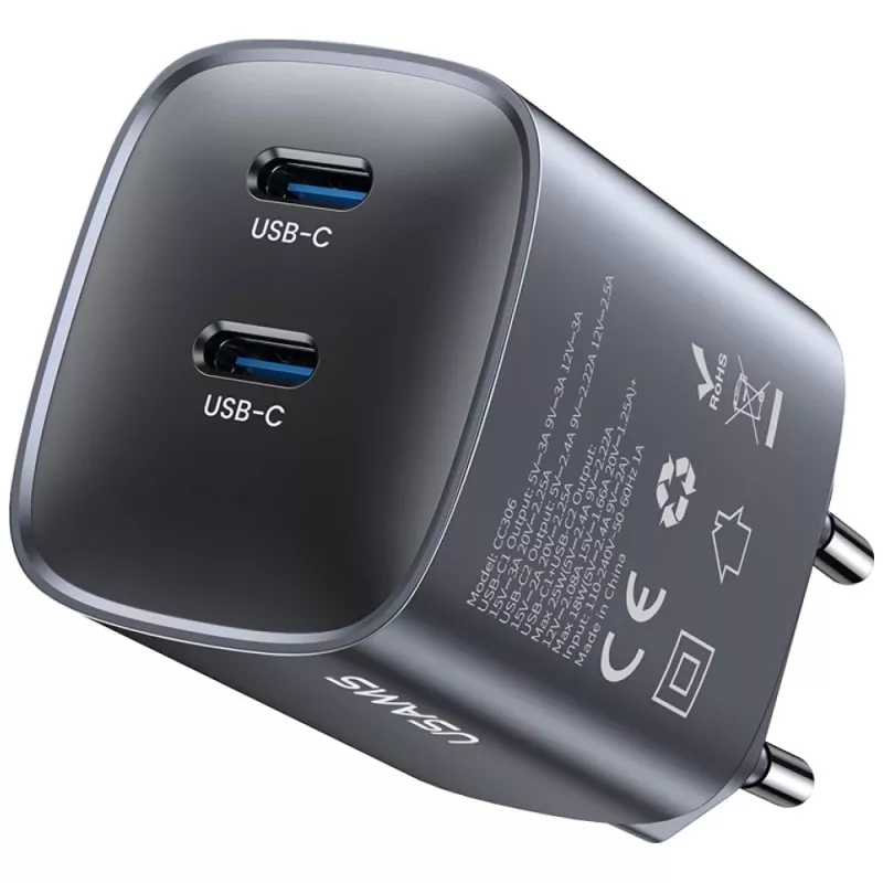 USAMS CC305 T66 Caricabatterie da parete GaN 45W con 2x USB-C, tarnish