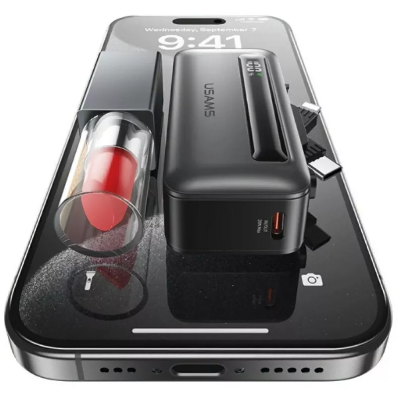 Powerbank USAMS XB-Series CD233 5000mAh PD 20W con cavo USB-C / Lightning, argento