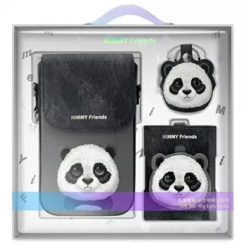 Nimmy set 3-in-1: pochette per telefono + portafoglio + custodia tracker, nero, Big Eyed Pet 2.0 Panda