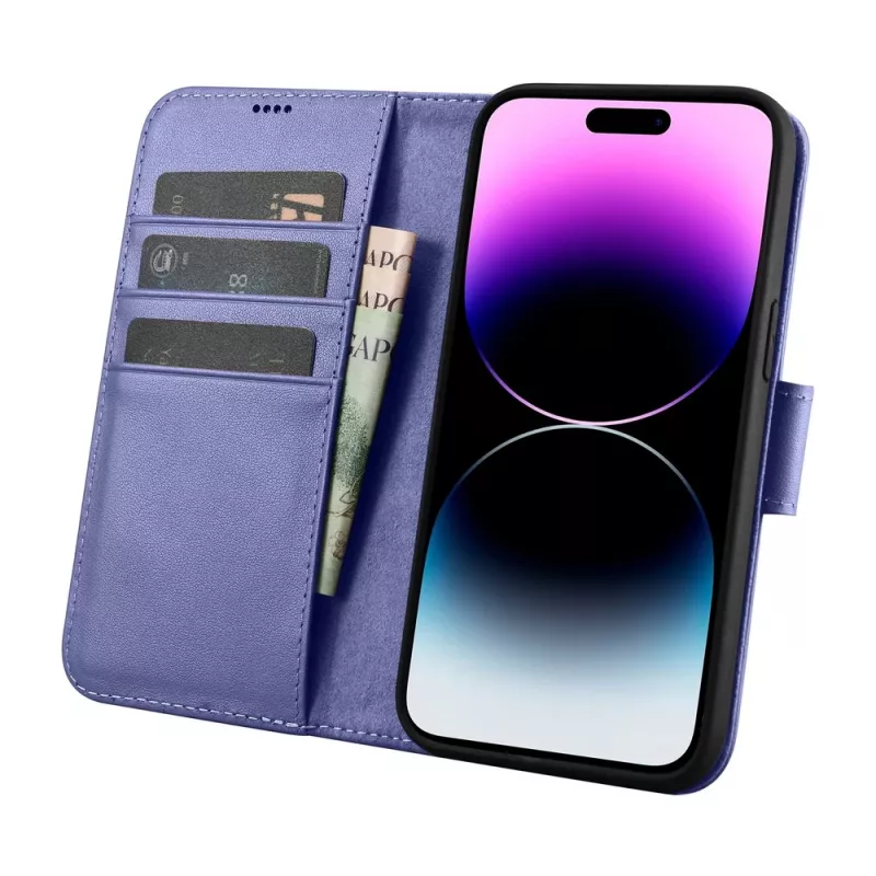 iCarer Wallet Case 2in1 per iPhone 14 Pro, folio in pelle con blocco RFID, viola chiaro (WMI14220726-LP)