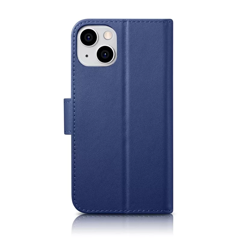 iCarer Wallet Case 2in1 per iPhone 14 Plus - flip case in vera pelle con blocco RFID, portacarte, kickstand - blu
