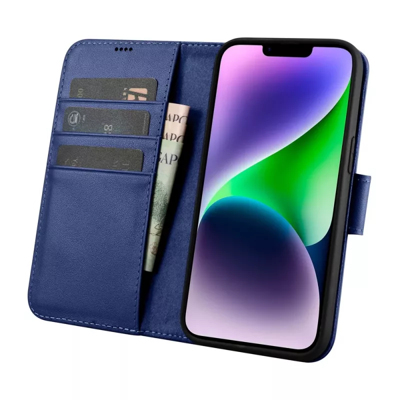 iCarer Wallet Case 2in1 per iPhone 14 Plus - flip case in vera pelle con blocco RFID, portacarte, kickstand - blu