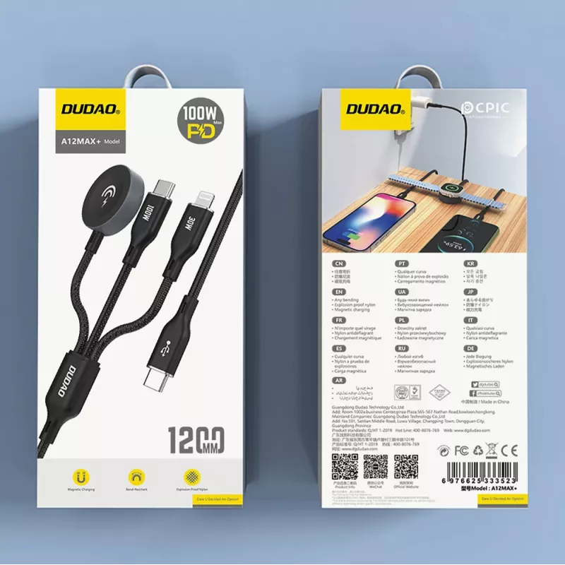 Dudao A12Max+ cavo di ricarica multiplo 3-in-1 USB-C a Lightning + USB-C + Apple Watch, 100W PD, 1,2m, nero