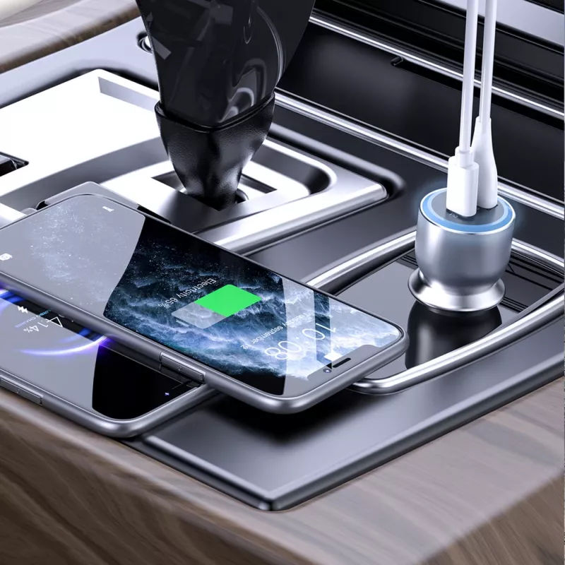 Dudao R4Ultra caricabatterie da auto 120W Power Delivery Quick Charge LED USB-A USB-C grigio
