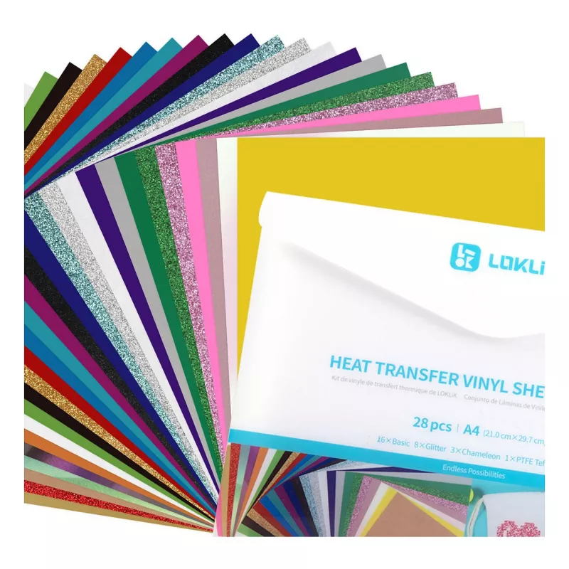 LOKLIK Pacchetto di materiali in pellicola per plotter (A4), vinile termotrasferibile, 28 fogli, multicolore