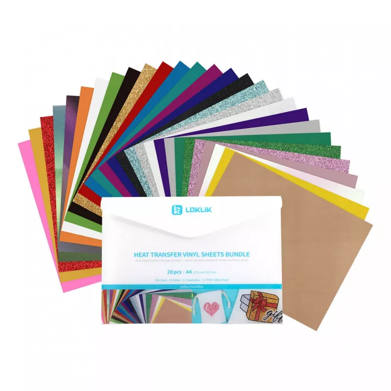 LOKLIK Pacchetto di materiali in pellicola per plotter (A4), vinile termotrasferibile, 28 fogli, multicolore