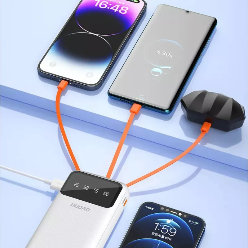 Powerbank Dudao K6Pro+ 20000mAh con 4 cavi integrati USB-C, Micro USB, Lightning, USB-A (ingresso) - bianco