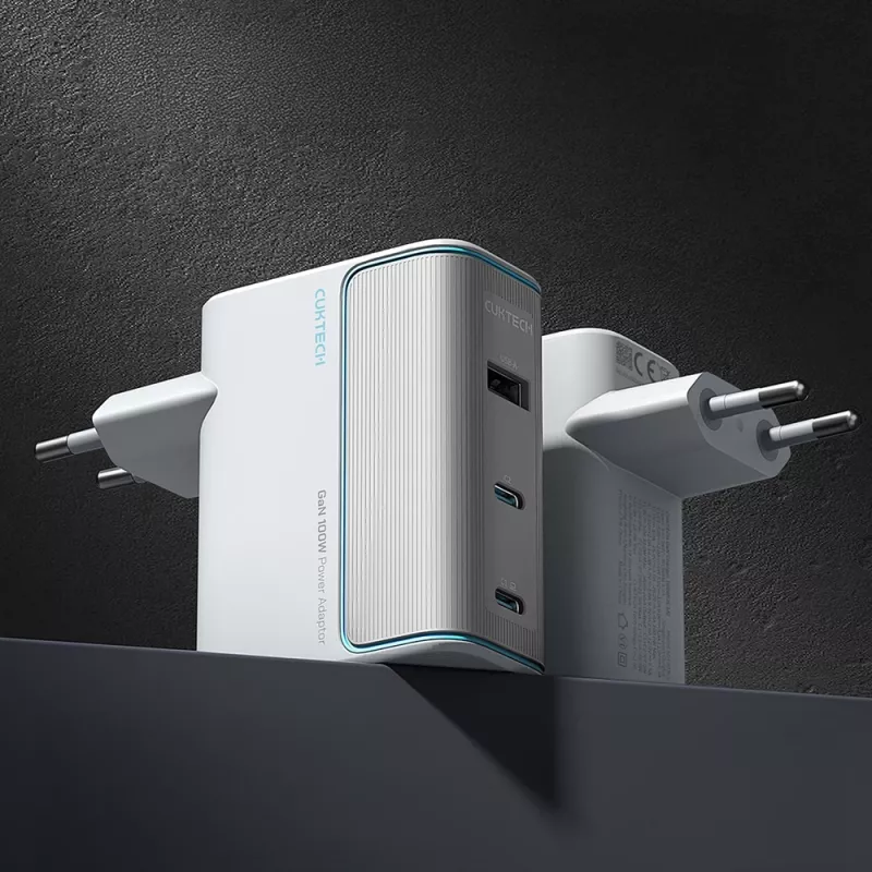 CUKTECH AD1003EU 100W GaN caricabatterie da parete 2x USB-C + USB-A con cavo - bianco