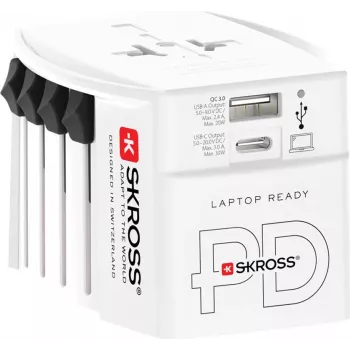 SKROSS MUV USB AC30PD Adattatore da viaggio universale con caricabatterie USB, bianco