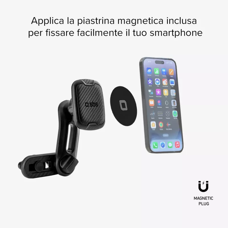 SBS supporto auto magnetico doppia clip per smartphone - supporto universale con forti magneti al neodimio, rotazione 360°, nero