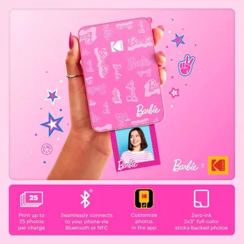 KODAK Step Slim Barbie stampante fotografica istantanea - Bluetooth 5.0, tecnologia ZINK Zero Ink, stampe 2x3 pollici, Barbie Pink