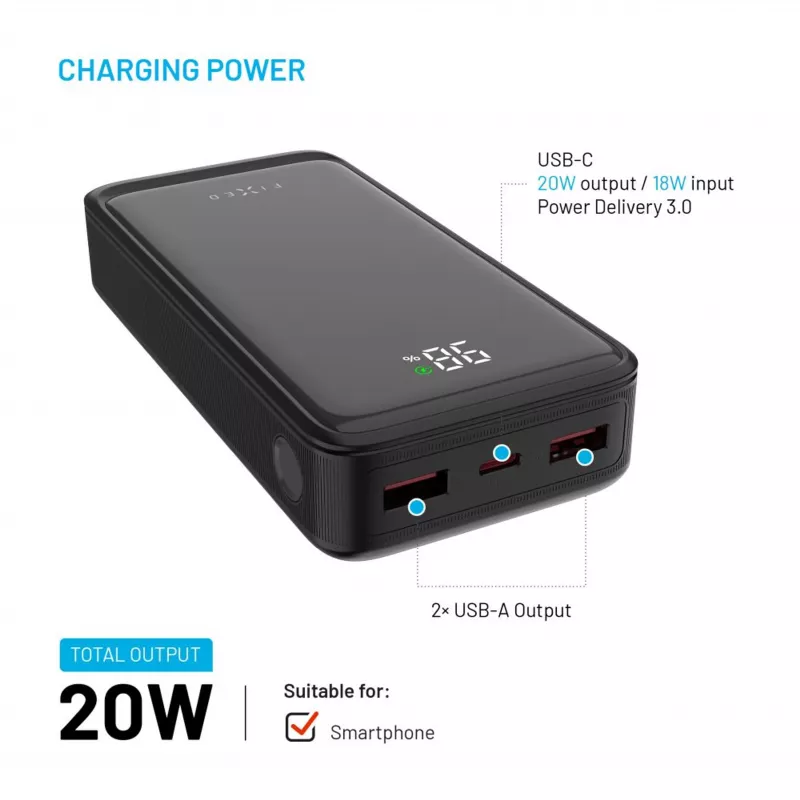 Fixed Zen2 20 Power bank, 20000 mAh, PD 20 W, display LCD, nero