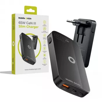 Mobile Origin Caricabatterie da parete 65W GaN Slim Dual USB-C Single USB-A nero