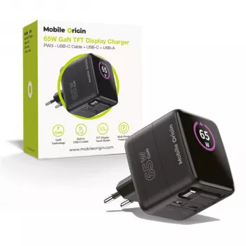 Mobile Origin Caricabatterie GaN 65W PW3 USB-C con cavo retrattile 65cm + USB-A nero