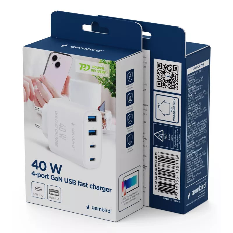 GEMBIRD TA-UC-2A2C-PD40-01-W GaN USB PD Caricabatterie a 4 porte, 40 W, bianco