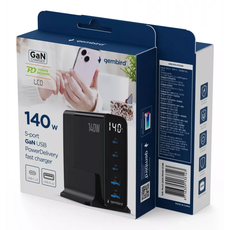 GEMBIRD TA-UC-2A3C-PD140-01-BK GaN Caricabatterie rapido a 5 porte USB-C & USB-A, 140 W, nero