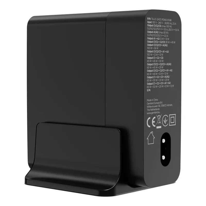 GEMBIRD TA-UC-2A3C-PD140-01-BK GaN Caricabatterie rapido a 5 porte USB-C & USB-A, 140 W, nero