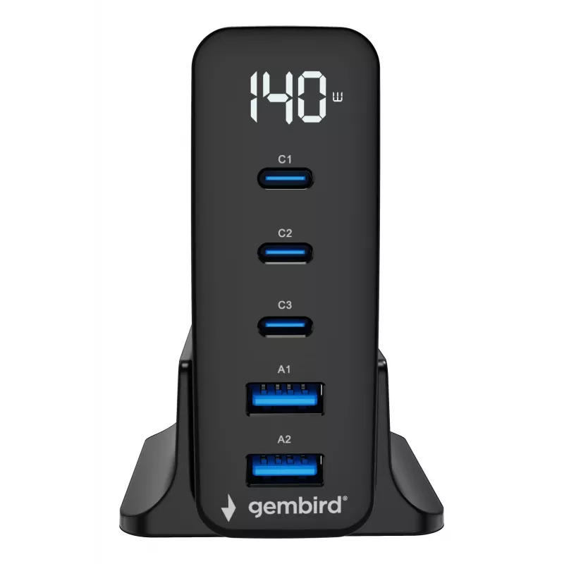 GEMBIRD TA-UC-2A3C-PD140-01-BK GaN Caricabatterie rapido a 5 porte USB-C & USB-A, 140 W, nero