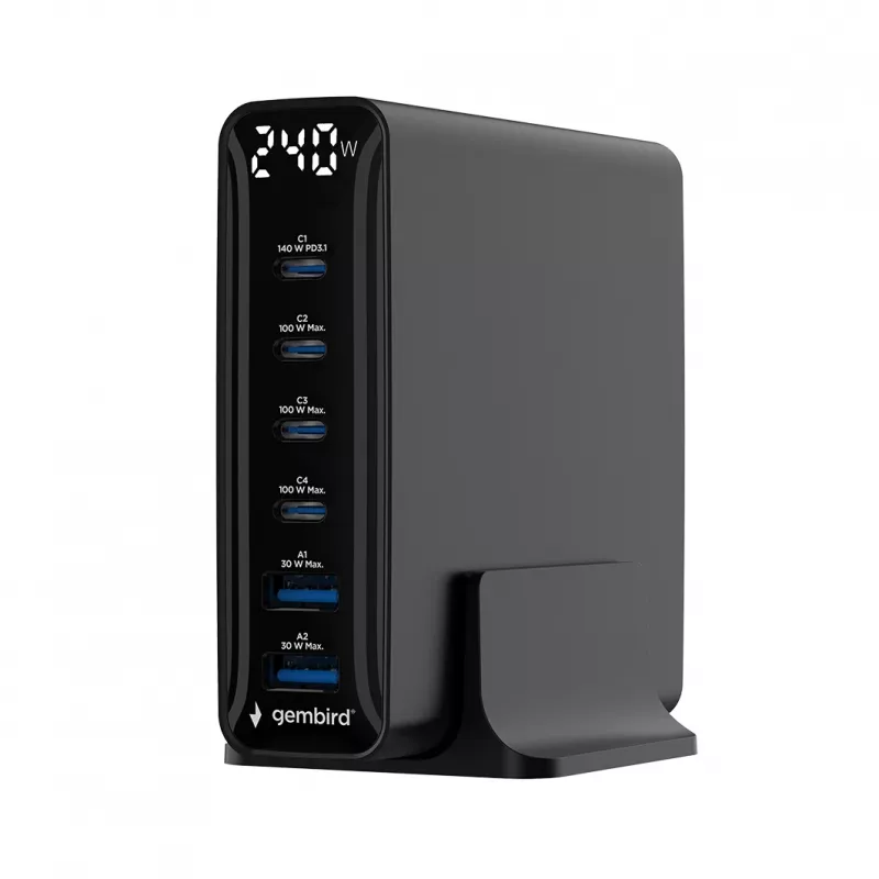 Gembird TA-UC-2A4C-PD240-01-BK caricabatterie USB 6 porte 240W GaN nero