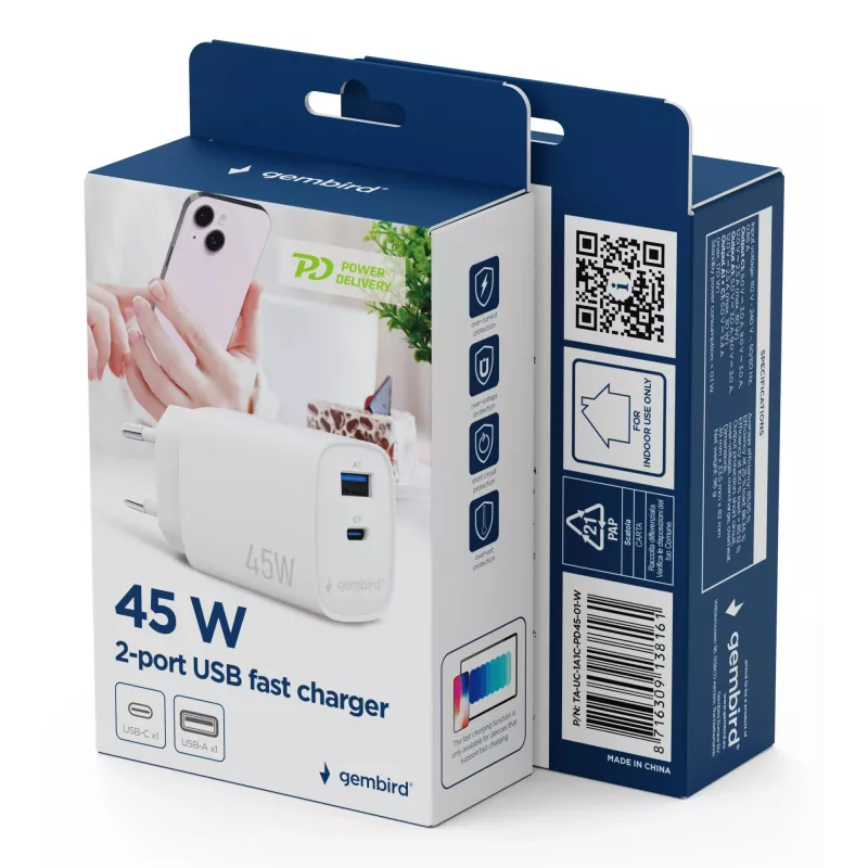 Gembird TA-UC-1A1C-PD45-01-W alimentatore USB-C PD 45W bianco