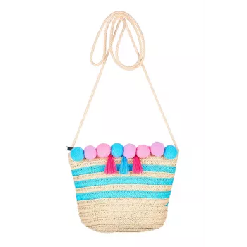 Souza! borsa in paglia per bambino naturale a righe con pompon e nappe Alaia