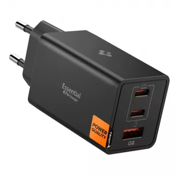 Spigen Essential EE673EU caricabatterie da parete GaN 67W 3 porte USB-C/USB-A nero