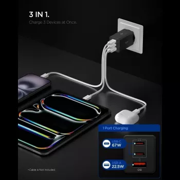 Spigen Essential EE673EU caricabatterie da parete GaN 67W 3 porte USB-C/USB-A nero