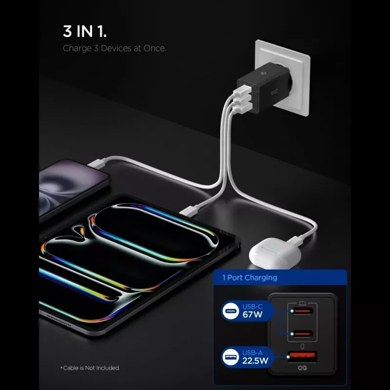 Spigen Essential EE673EU caricabatterie da parete GaN 67W 3 porte USB-C/USB-A nero