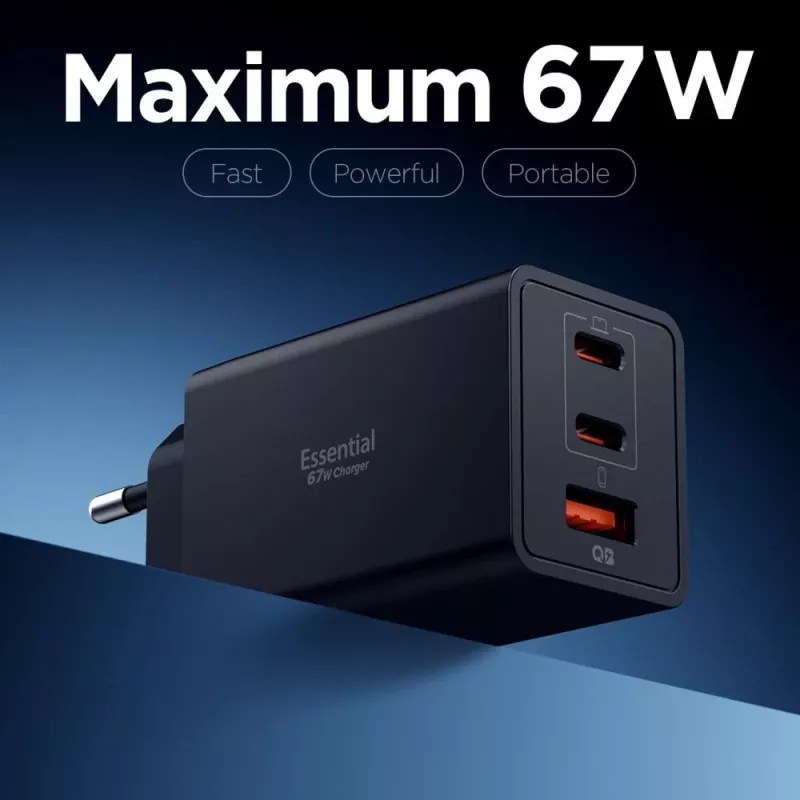 Spigen Essential EE673EU caricabatterie da parete GaN 67W 3 porte USB-C/USB-A nero