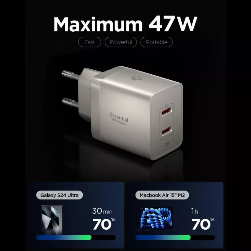 SPIGEN EE472EU-GAN Essential caricabatterie da rete 2 porte 47W Natural Titanium