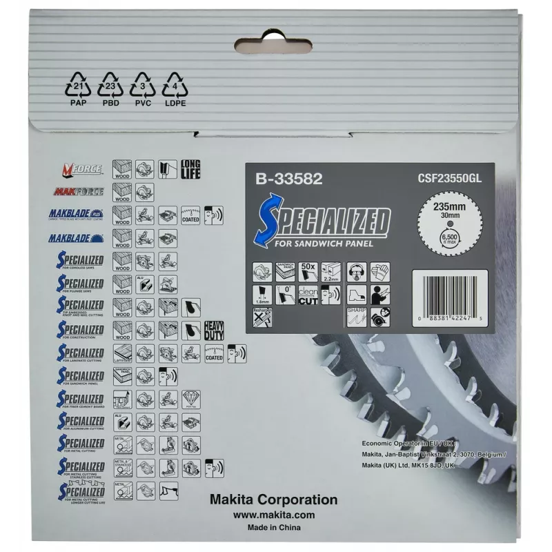 Makita Specialized B-33582 lama circolare per pannelli sandwich, 235 x 30 mm, 50 Z