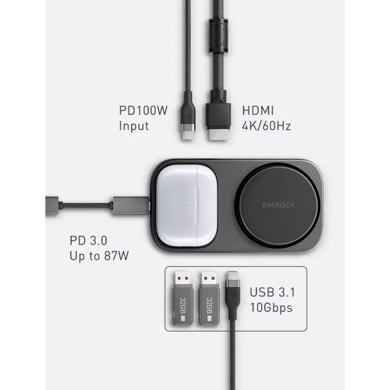 ENERGEA WiDock Plus 7-in-1 USB-C 3.1 docking station con ricarica wireless Qi2, Graphite