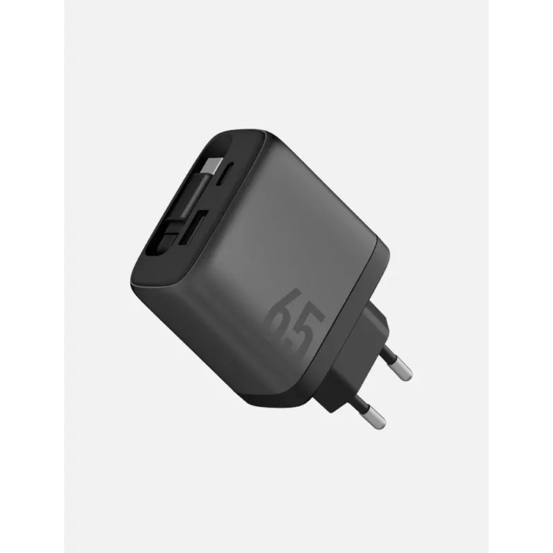 ENERGEA Ampcharge Arc 65W GaN caricatore da parete USB-A/USB-C con cavo USB-C retrattile, Gunmetal