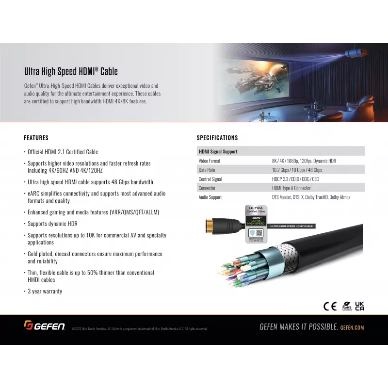 Gefen GEF-CAB-HS-HDMI-2M Cavo HDMI 2.1 2m nero 48Gbit/s 3D