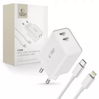 TECH-PROTECT C35W caricabatterie da rete 2 porte PD 35W + cavo Lightning bianco