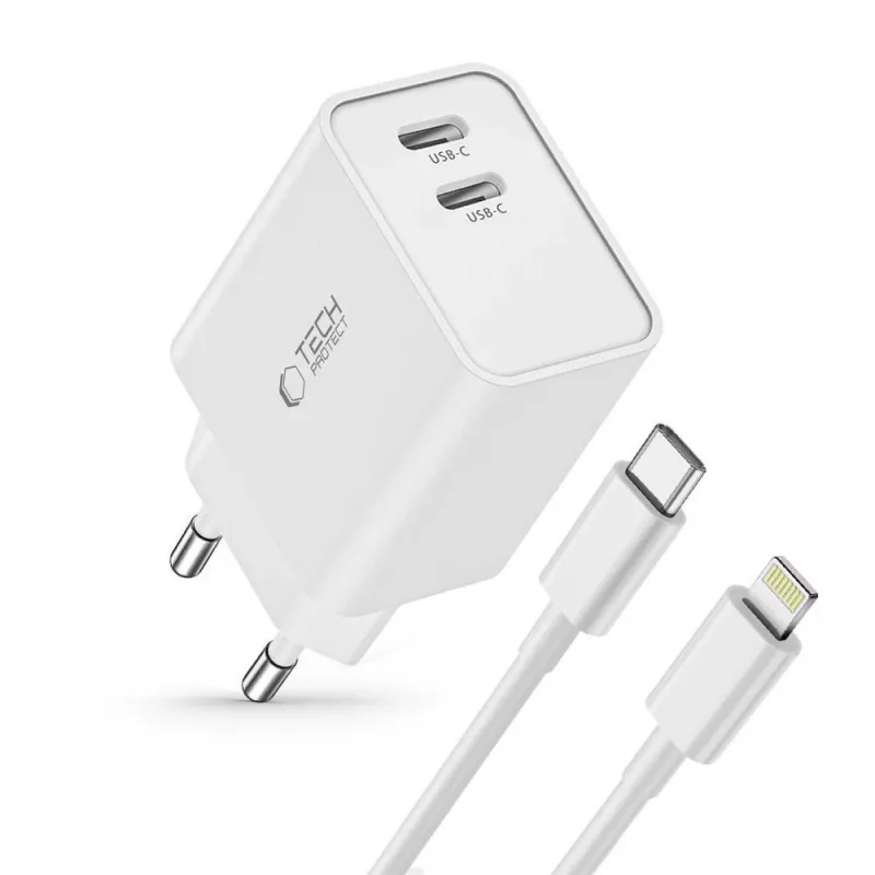 TECH-PROTECT C35W caricabatterie da rete 2 porte PD 35W + cavo Lightning bianco
