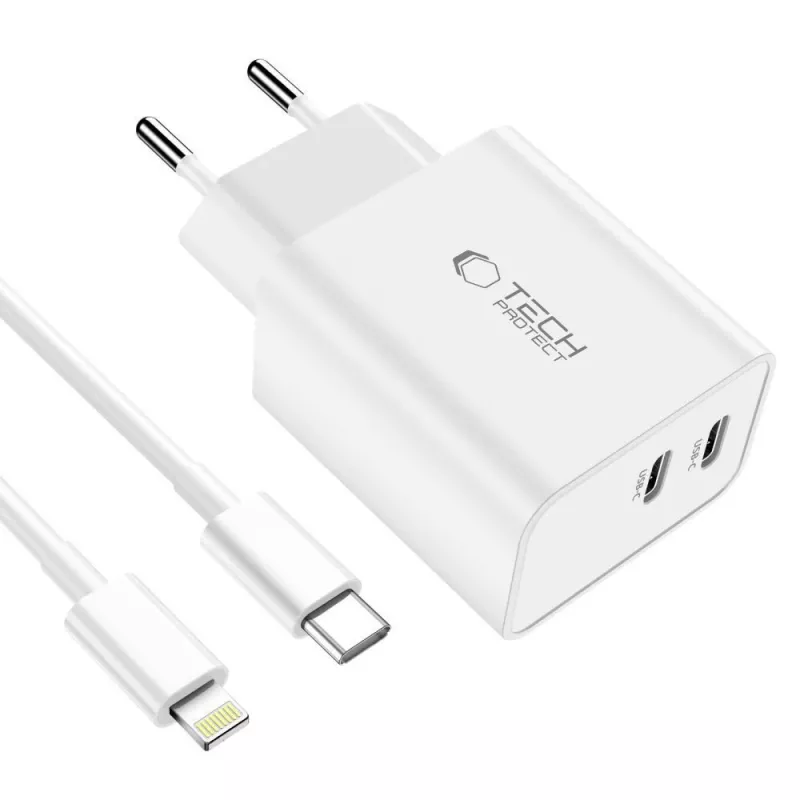 TECH-PROTECT C35W caricabatterie da rete 2 porte PD 35W + cavo Lightning bianco