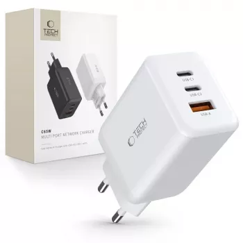 TECH-PROTECT C65W Alimentatore da Rete 3 Porte PD 65W / QC3.0 bianco