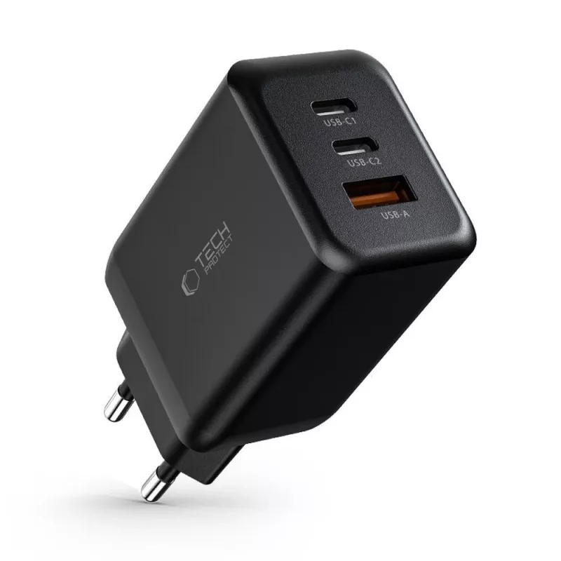 TECH-PROTECT C65W Alimentatore da Rete 3 Porte PD 65W / QC3.0 nero
