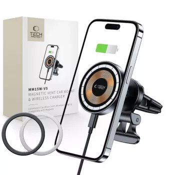 TECH-PROTECT MM15W-V5 supporto auto magnetico MagSafe per bocchetta di aerazione con caricabatterie wireless 15W nero