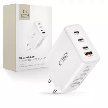 Tech-Protect NC100W-GAN caricatore da parete GaN 4-PORT bianco 100W USB-C USB-A
