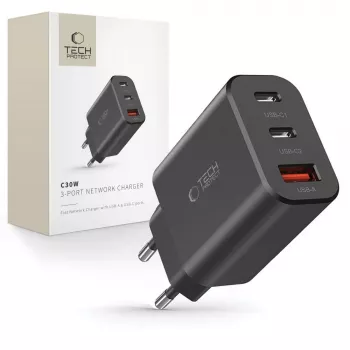 Tech-Protect NC30W Caricatore USB-C 3 Porte nero 30W
