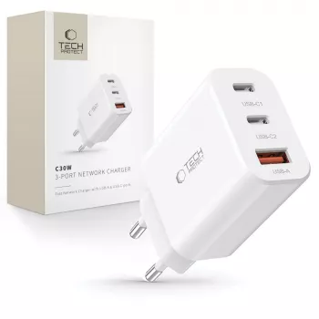Tech-Protect NC30W Alimentatore da Parete USB-C e USB-A 3 Porte 30W bianco