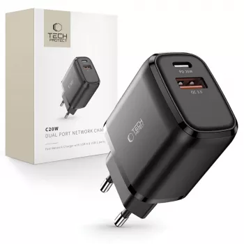 TECH-PROTECT C20W caricatore da rete 2 porte PD20W/QC3.0 nero