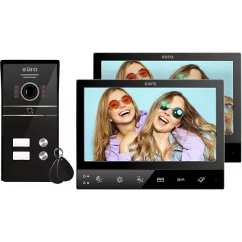 Eura VDP-80C5 videocitofono bifamiliare, nero, 2x 7 pollici LCD, FHD, 2 ingressi, telecamera 1080p, lettore RFID, montaggio a parete