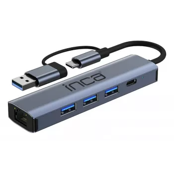 INCA Hub IUTP-5T USB-C/A a 3x USB-A 3.0 / RJ45 5 Gbit/s grigio