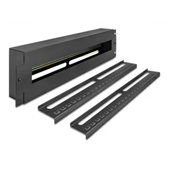 DELOCK pannello di distribuzione 19 pollici con copertura e guida DIN incl. 2 barre di scarico della trazione dei cavi 3U acciaio nero