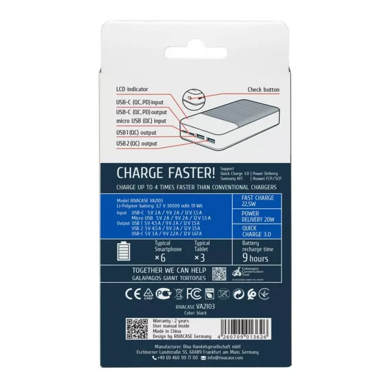 Power bank Rivacase VA2103 30000 mAh 22.5W nero